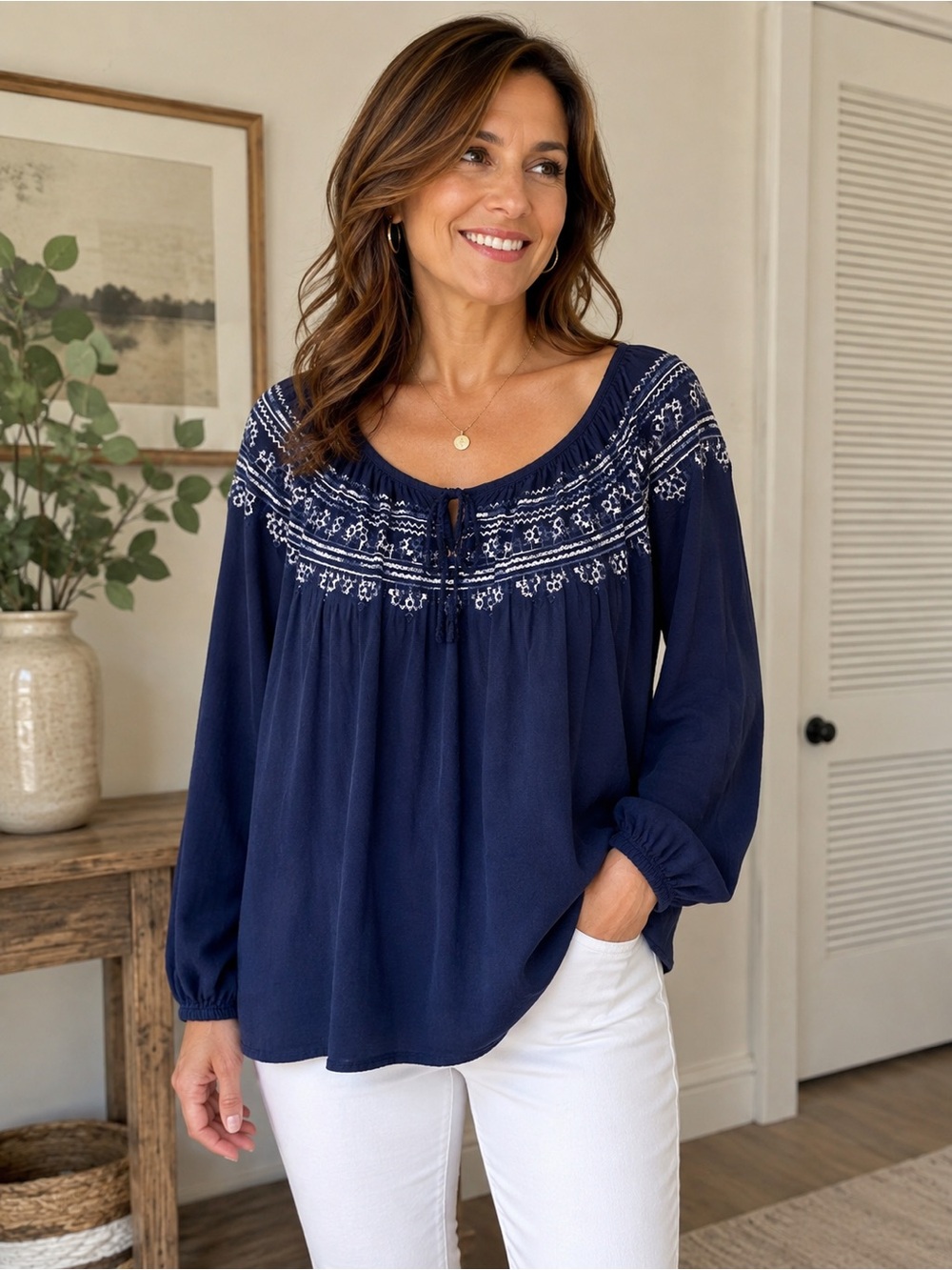 St. John's Bay Navy Embroidered Peasant Top Folk Boho Coastal Cottagecore